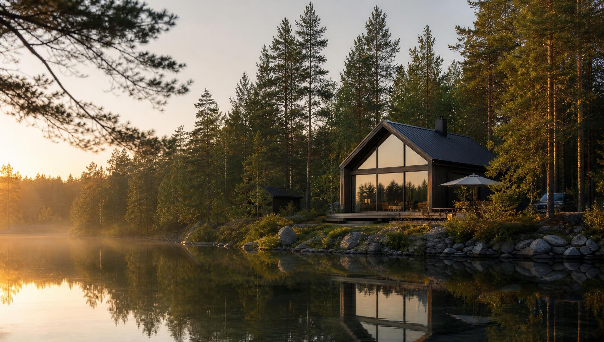 Talo järven rannalla metsän keskellä